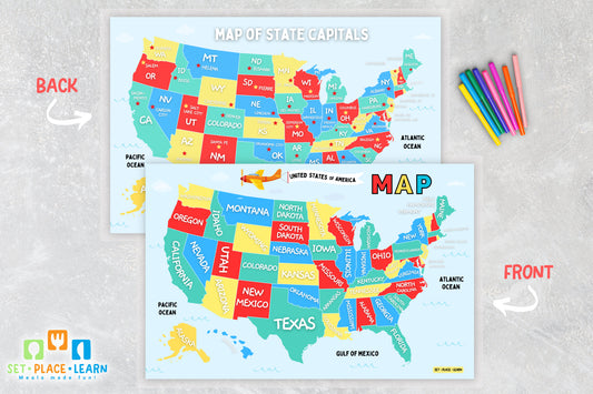 USA Map Placemat for Kids | States & Capitals Educational Placemat | Reusable Geography Learning Activity