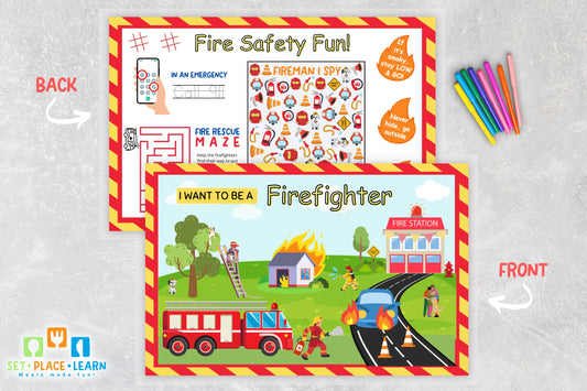 Firefighter Placemat for Kids | Fire Safety Learning Activity Mat | Reusable Educational Placemat