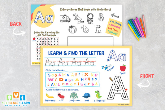 Alphabet Learning Placemat: Letter A Activity, Reusable Laminated Mat