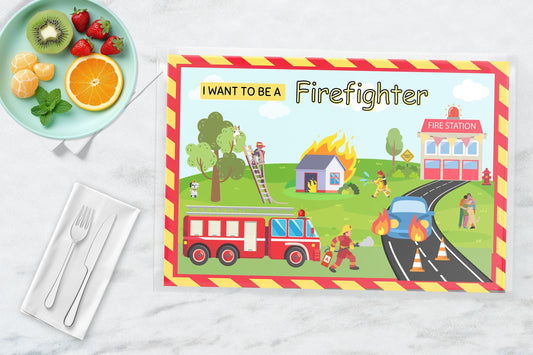 Firefighter Placemat for Kids | Fire Safety Learning Activity Mat | Reusable Educational Placemat