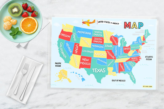 USA Map Placemat for Kids | States & Capitals Educational Placemat | Reusable Geography Learning Activity