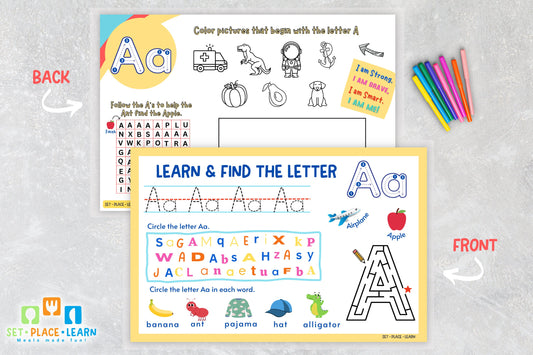 Alphabet Learning Placemat: Letter A Activity, Reusable Laminated Mat