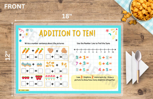 Addition 1-10 Kids Placemat: Math Facts, Maze, Color-by-Number