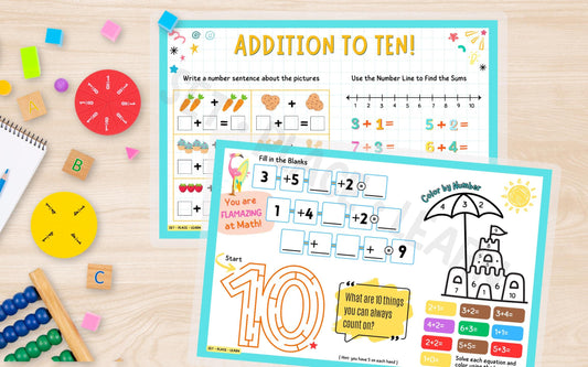 Addition 1-10 Kids Placemat: Math Facts, Maze, Color-by-Number