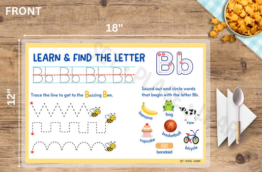 Letter B Placemat: Alphabet Learning Activity, Reusable Laminated Placemat